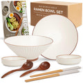 Ceramic Ramen Bowl Set of 2 – Large 34oz Noodle Bowls with Chopsticks Spoons & Dipping Dishes – Traditional Japanese Soup Bowls and Spoons Set - Ramen Noodle Bowl Set for Udon Soba Pho Asian Noodles