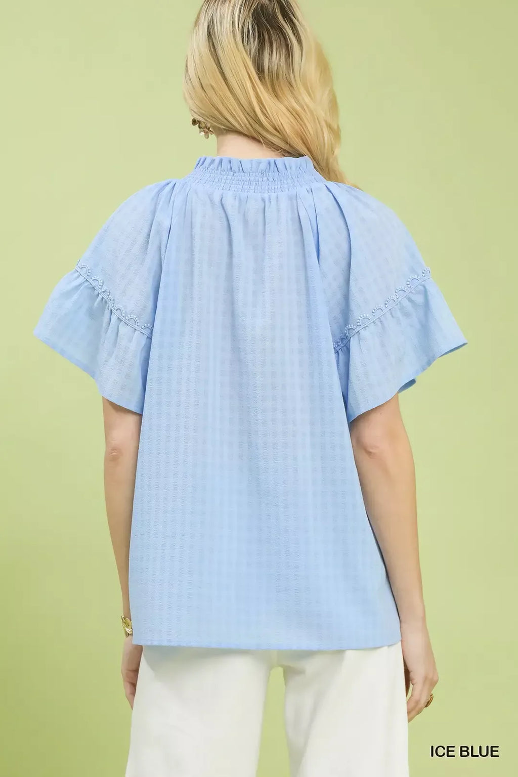 Umgee Gingham Puff Sleeve Top with Lace Trim