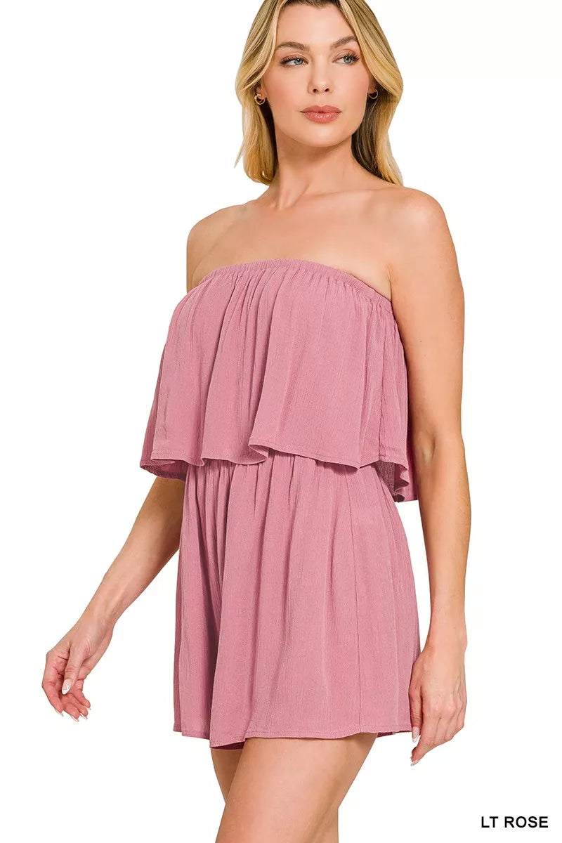 Zenana Woven Crinkle Strapless Rompers