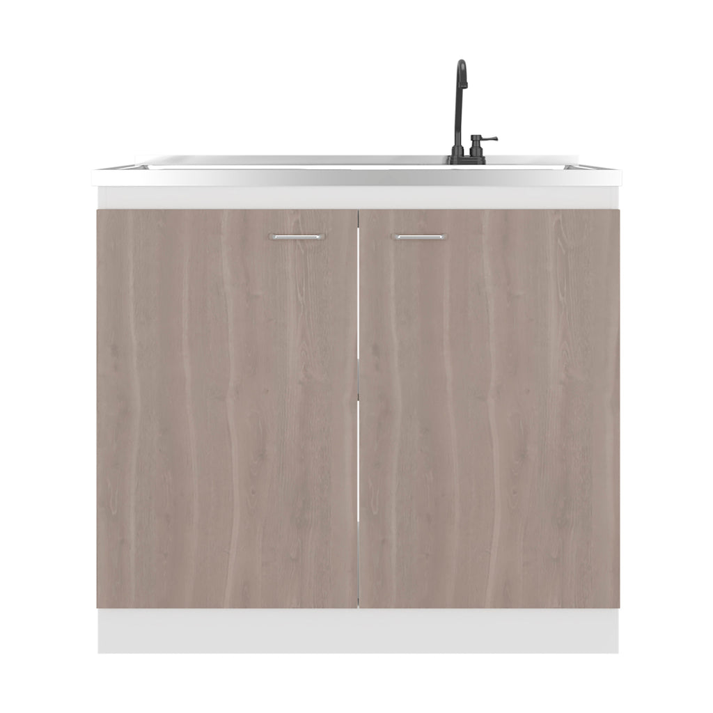 Salento Freestanding Sink, Double Door Cabinet, Two Shelves, White / Ligth Grey