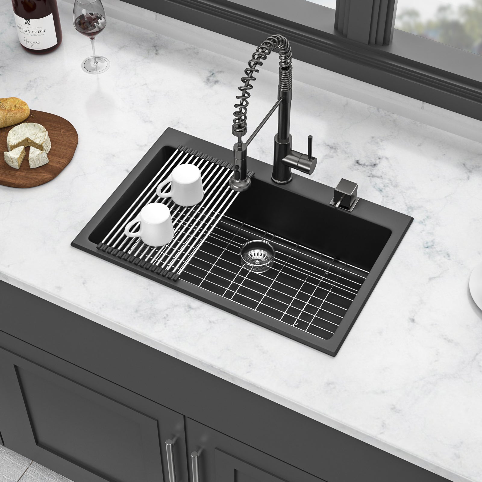 Quartz Kitchen Sink - 33' x 22' Black Granite Composite Drop-In Sink with Durable Construction