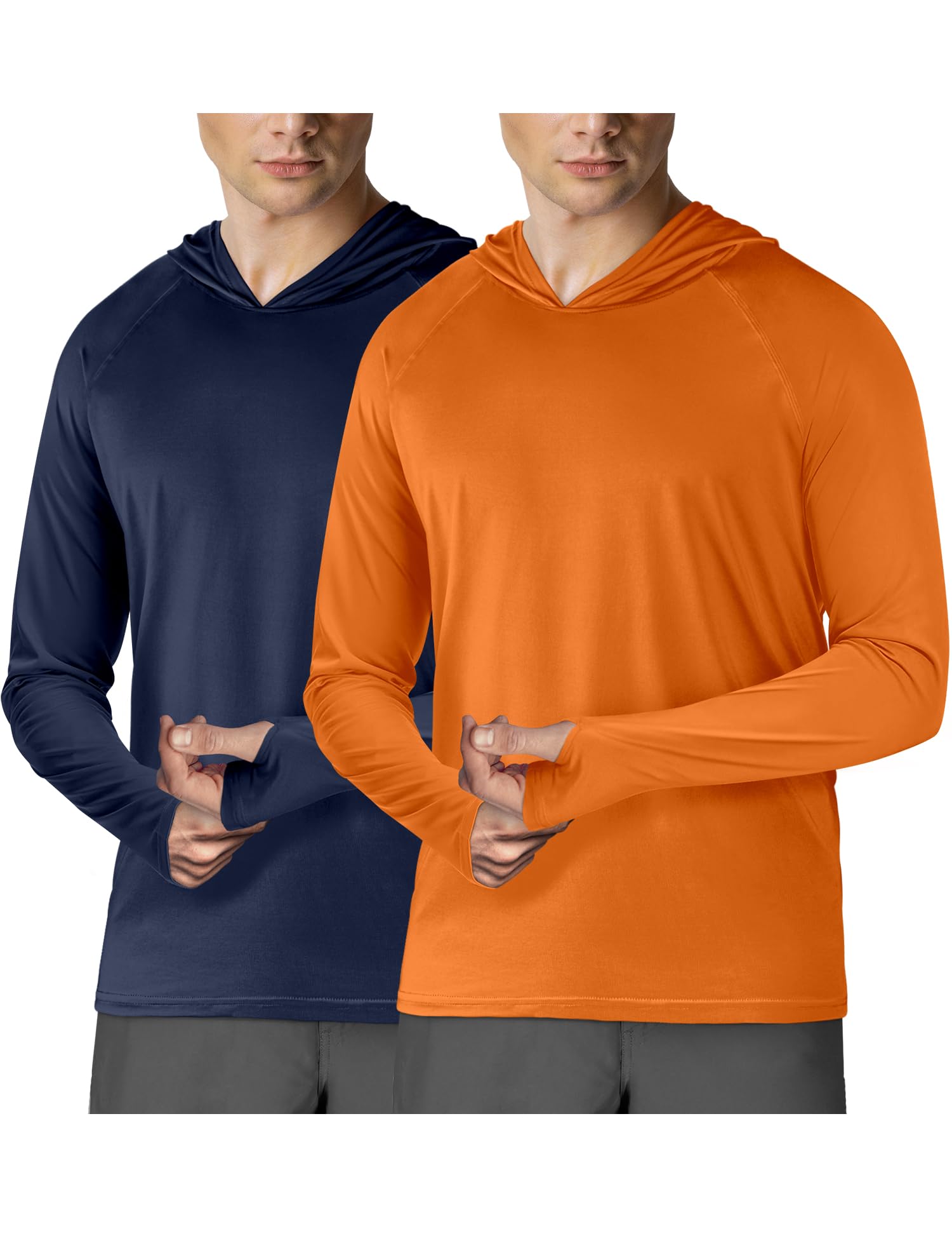 2Pack Hoodies for Men UPF 50 Fishing Sun SPF UV Shirts Long Sleeve Hiking Running Cool Shirts Lightweight Quick Dry Sun Protection Clothing Swim Shirts Rashguard Navy Blue and Orange S