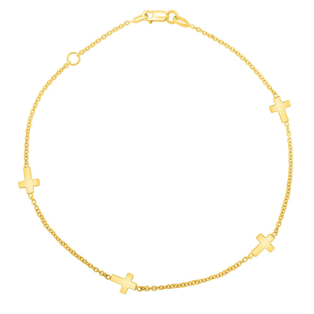 14k Yellow Gold Polished Station Cross Anklet (1.00 mm)
