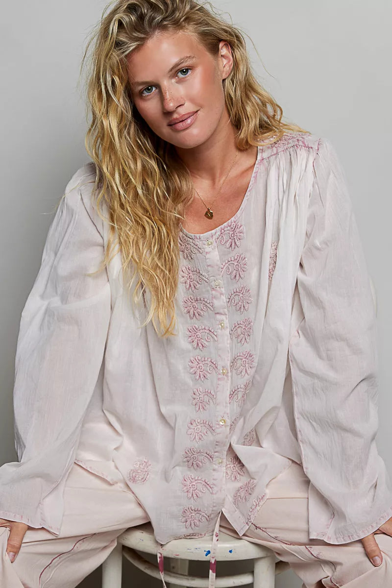 POL Embroidered Gathered Shoulder Long Sleeve Shirt