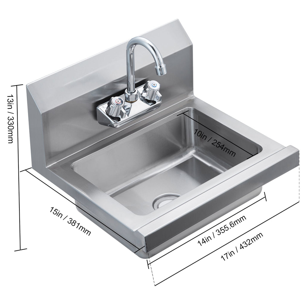 Commercial Hand Sink with Faucet, Stainless Steel Sink for Washing, Small Hand Washing Sink, Wall Mount Hand Basin, Utility Sink for Restaurant, Kitchen, Bar, Garage and Home, 17 x 12.8 inch