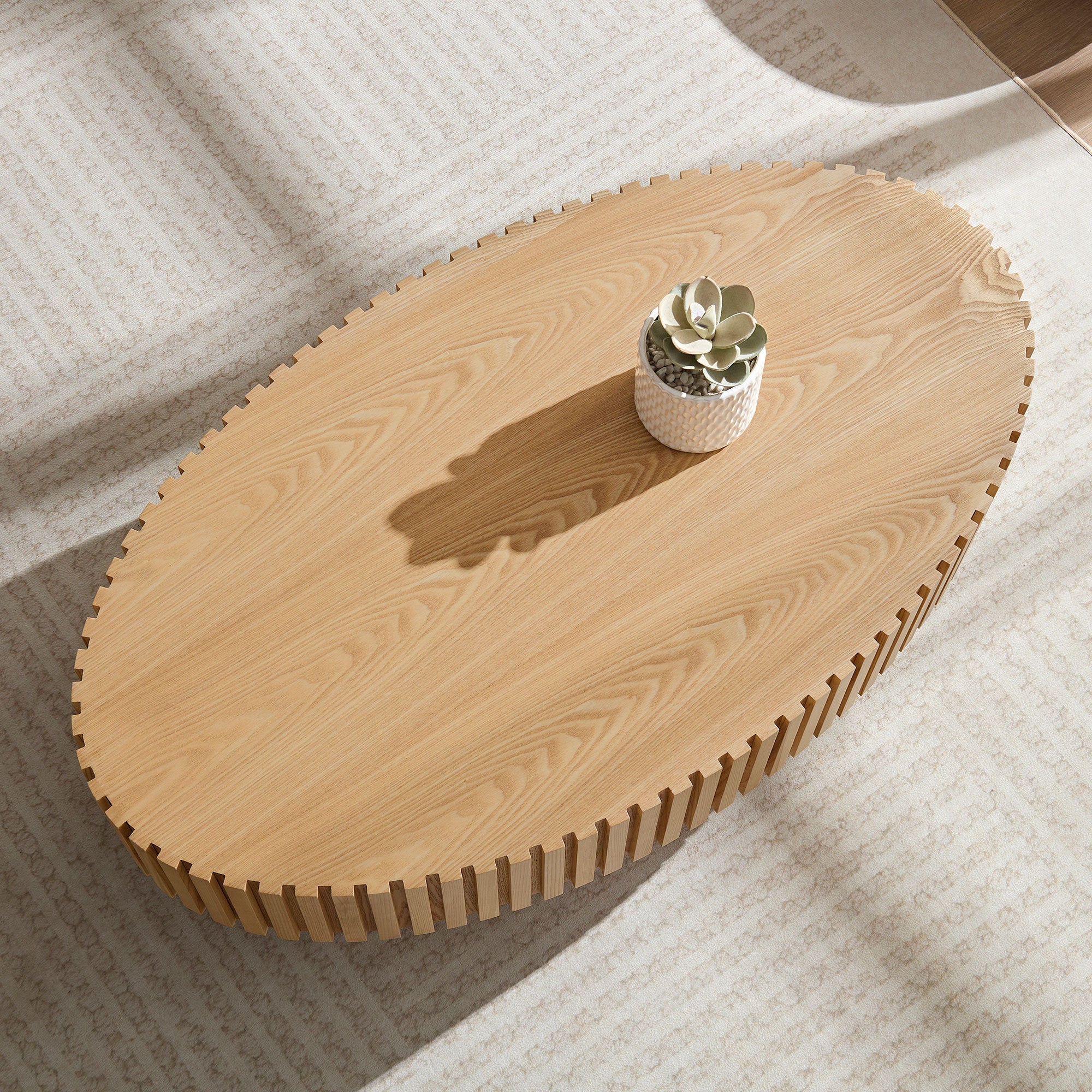 Modern Handcraft Drum Coffee Table Length 43.7 inch Ellipse Coffee Table for Living Room,Oval Small Coffee Table with Sturdy Pedestal,Natural Ash MDF