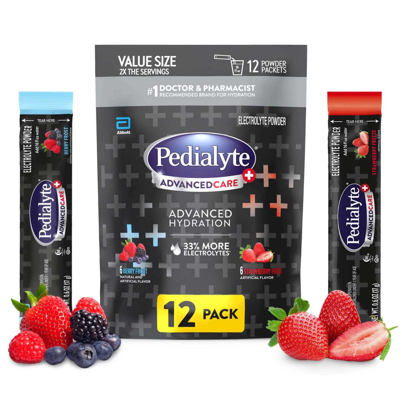 Pedialyte AdvancedCare Plus Electrolyte Powder with 33% More Electrolytes and PreActiv Prebiotics Strawberry Freeze/Berry Frost Variety Pack Electrolyte Drink Powder Packets 0.6 oz 12 Count