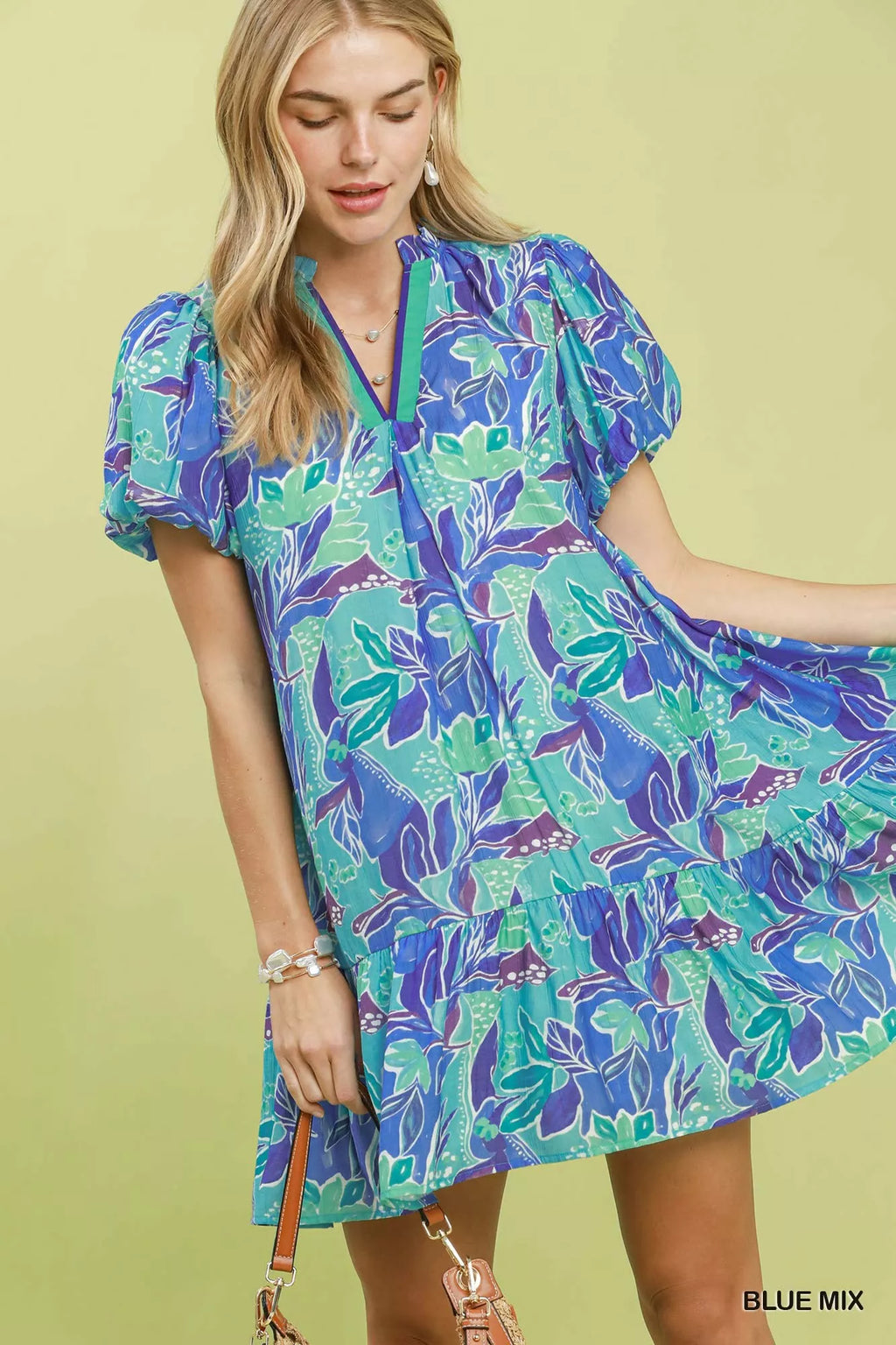 Umgee Tropical Floral Puff Sleeve Tiered Mini Dress