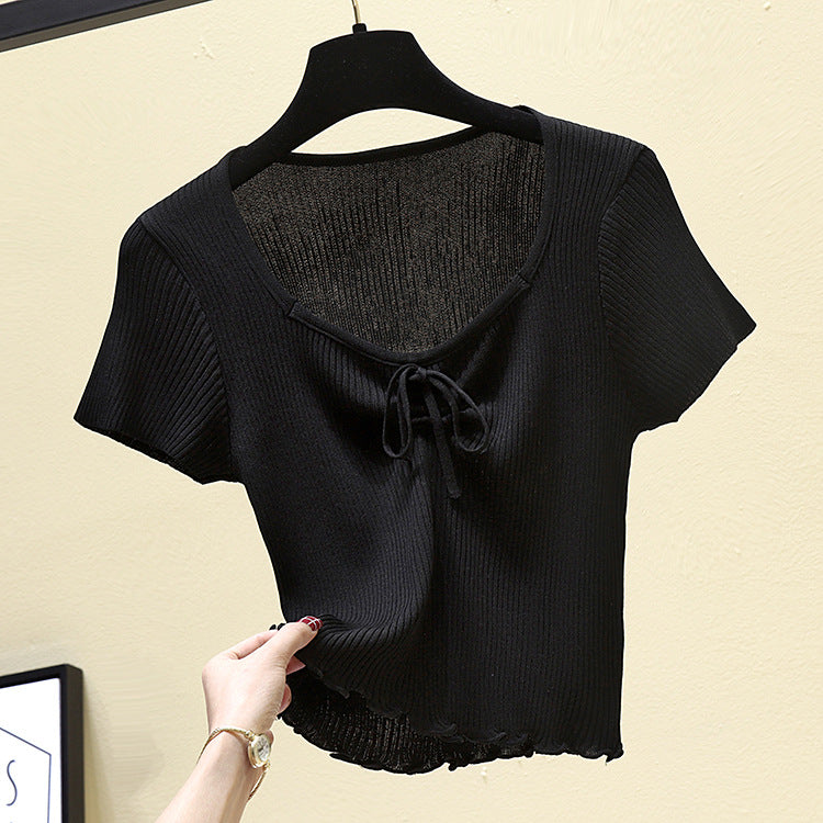 Korean Style Women's Bow Tie Short Sleeve Knit Top