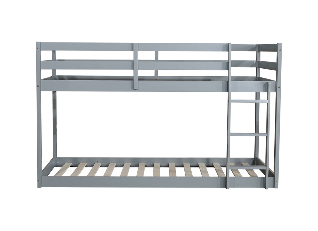 Solid Wooden , Solid Rubber Wooden Twin over Twin Floor Bunk Bed with Ladder ,Upper and Bottom Bed Platforms crafted with Strengthened Slats ,Grey
