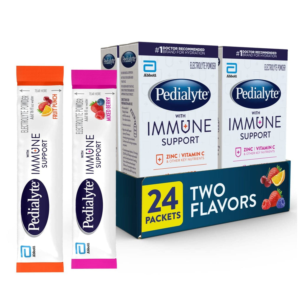 Pedialyte with Immune Support Electrolytes with Vitamin C and Zinc Advanced Hydration with PreActiv Prebiotics Mixed Berry & Fruit Punch Electrolyte Drink Powder Packets 6 count (Pack of 4)