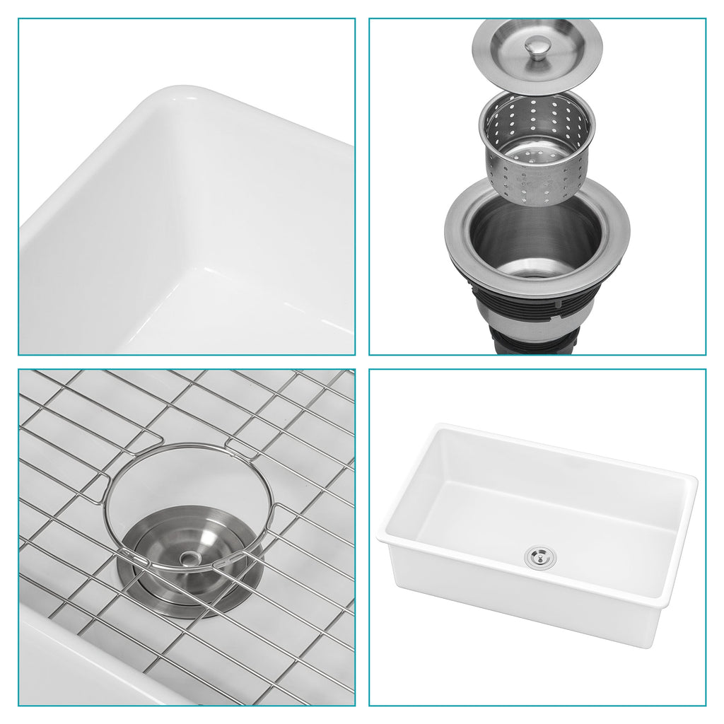 White Fireclay Rectangular Deep Single Bowl Sink 32x19x10 Inch Undermount Top Mount Porcelain Kitchen Sink