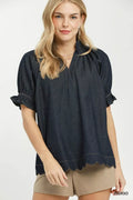 Umgee Chambray Puff Sleeve Scallop Hem Blouse