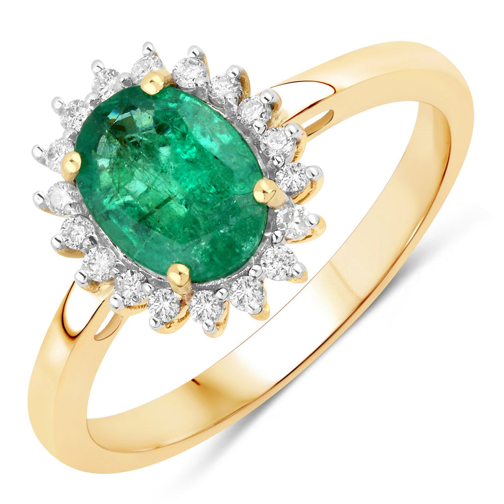 1.34 Carat Genuine Zambian Emerald and White Diamond 14K Yellow Gold Ring