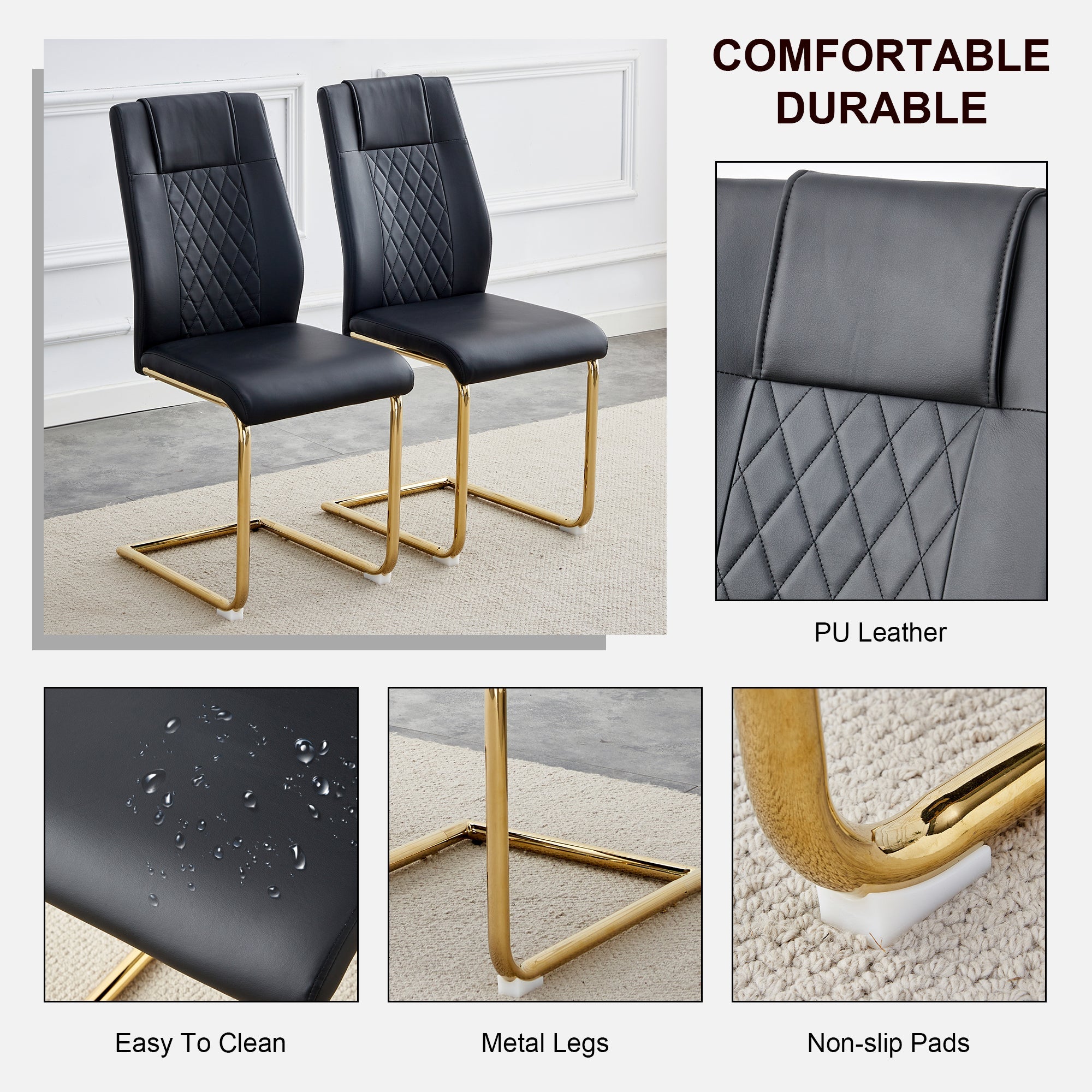 Modern dining chairs with faux leather padded seats, dining room chairs, gold metal leg upholstered chairs, suitable for kitchens, living rooms, bedrooms, and offices, set of 6 (black+PU leather)C-001