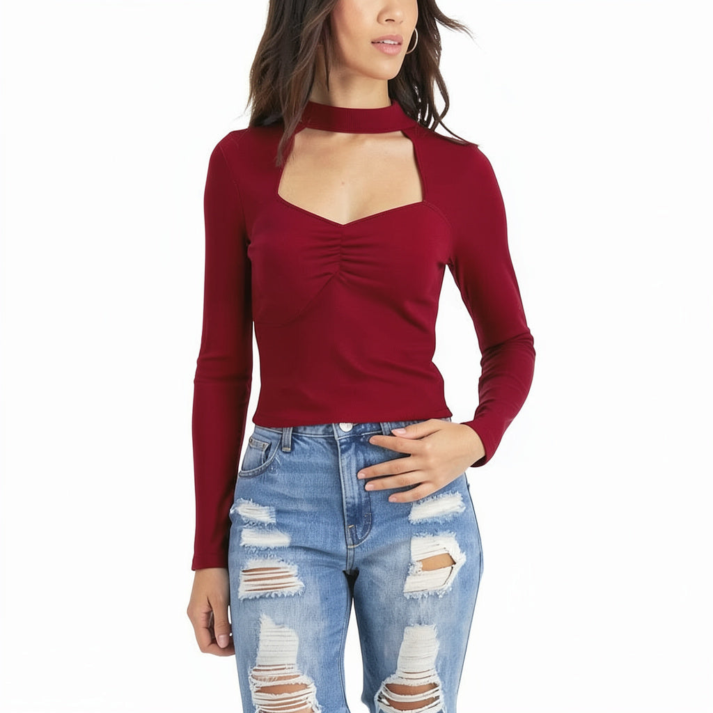 Juniors Almost Famous Mock Neck Cut Out Front Bust Ruched Blouse, Size Large
