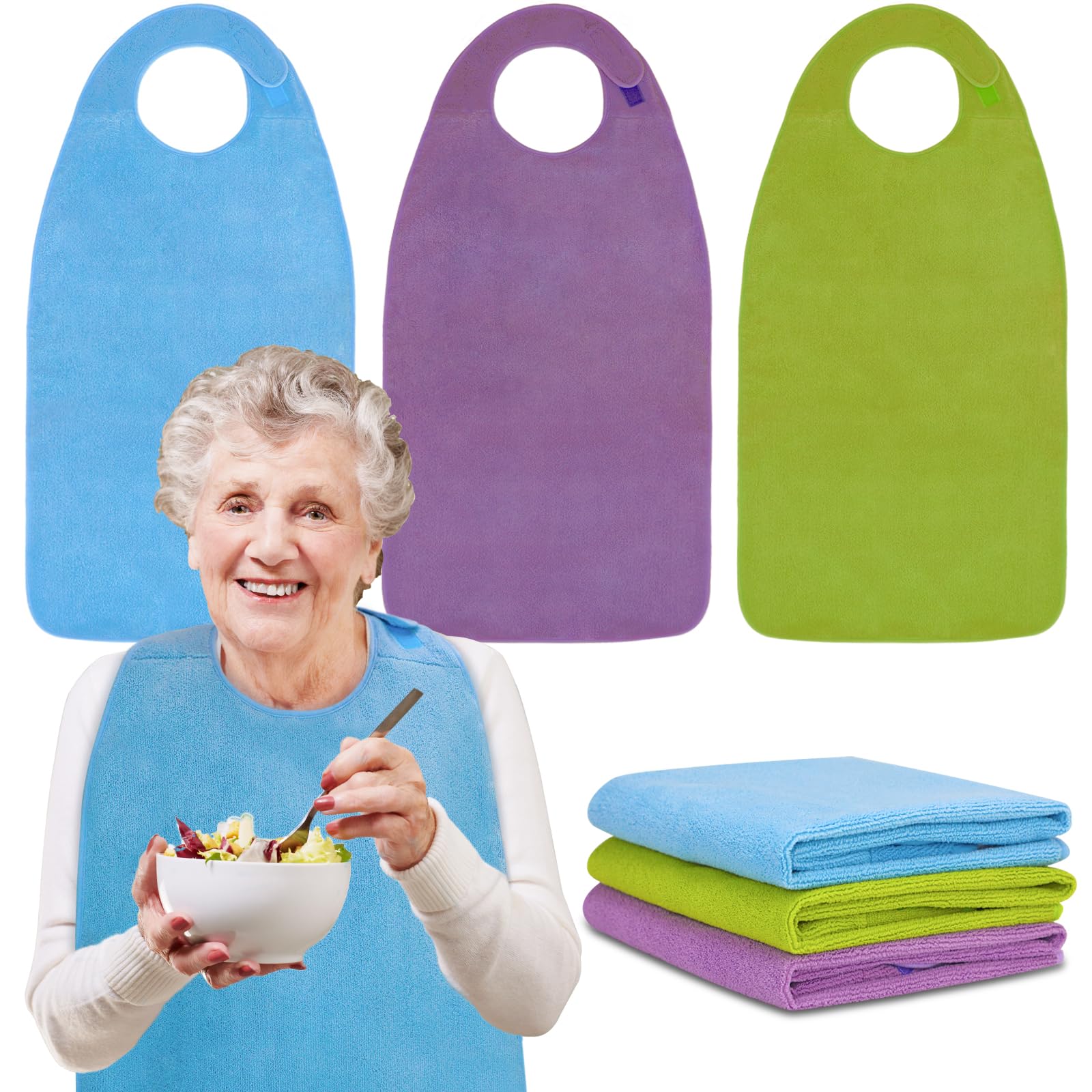 Bravace 3 Pack Adult Bibs for Women and Men Terry Cloth Adult Bibs for Eating Washable Reusable Large Towel bibs Dining Clothing Protector for adults senior citizens - Unisex