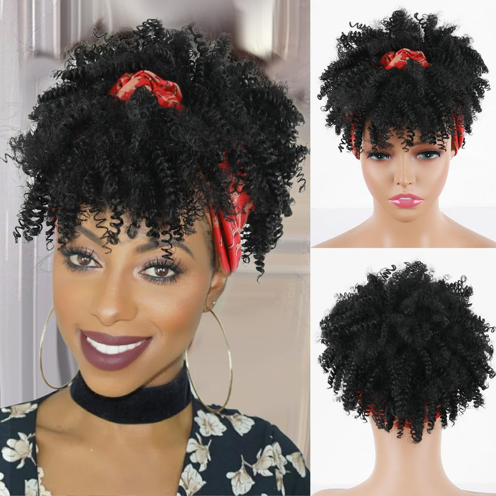 Afro Kinky Headband Wig Black Curly Headband Wig with Bangs for Black Women Synthetic Afro Curly Hair Wig with Headband Attached Short Kinky Curly Afro High Puff with Bangs Stripes Wig