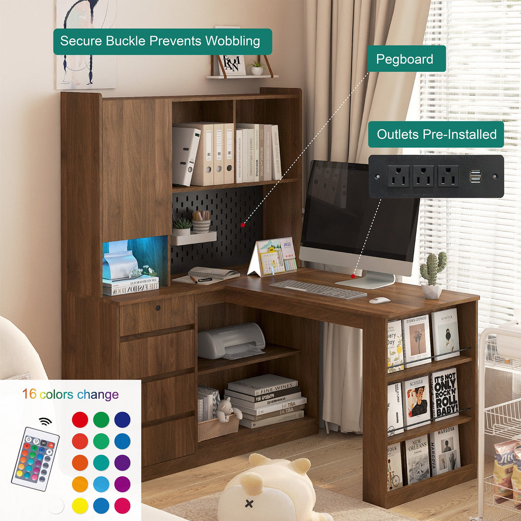 L Shaped Desk,Computer Desk with Drawers,Bookshelf,with LED Light,Modern Corner Desk,Home Office Desk,L-Shaped Study Table Writing Desk,Corner Gaming Computer Desk with Storage