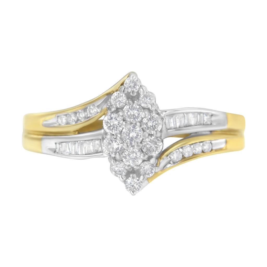 10K Yellow and White Gold 1/2 Cttw Diamond Marquise Shaped Cluster Split Shank Ring (H-I Color, SI2-I1 Clarity) - Size 7