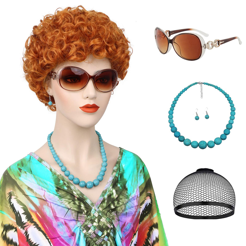 G&T Wig Red Orange Curly Wig for Costume Landlady Heat Resistant Ginger Wig For Women Cospaly Halloween Party (Wig + Glasses + Turquoise Necklace + Turquoise Earrings + Wig Cap)