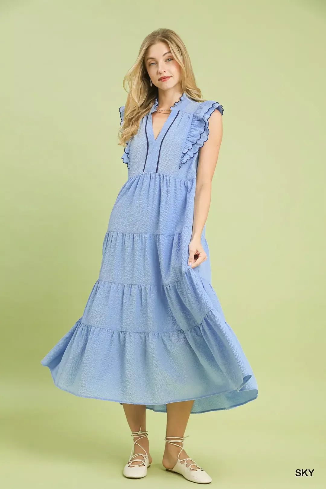 Umgee Seersucker Ruffle Sleeve Tiered Midi Dress