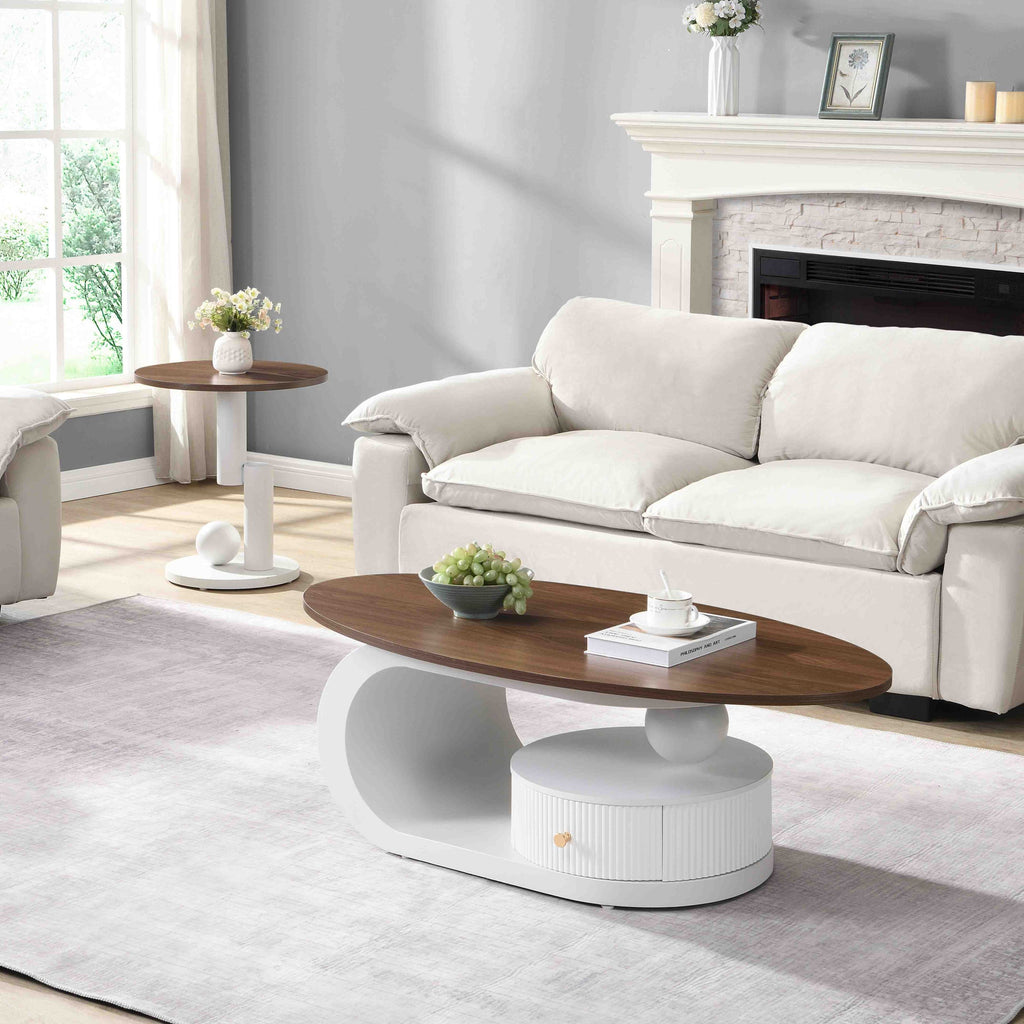 Luxury Nesting Coffee Table Set of 2,  Tables with Storage for Living Room, Oval and Round Table Set, White Center Table, Cocktail Table, Side Table,  Large 47.24'', Small 19.69''