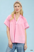 Umgee Gingham Puff Sleeve Top with Lace Trim