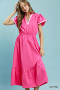 Umgee Contrast Trim Midi Dress with Tiered Ruffle Hem