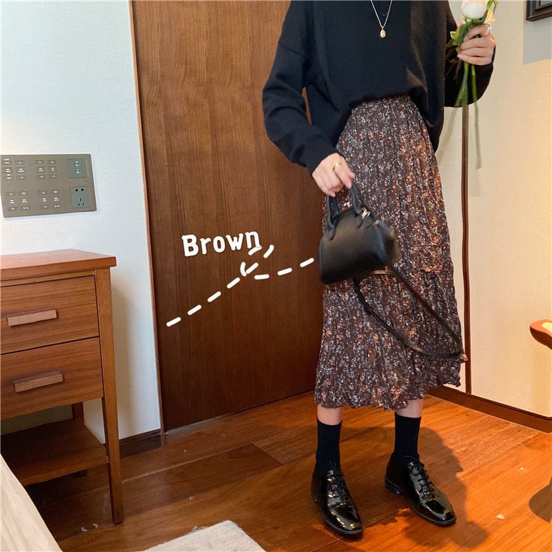 Korean Style Pleated Floral Skirt for Women