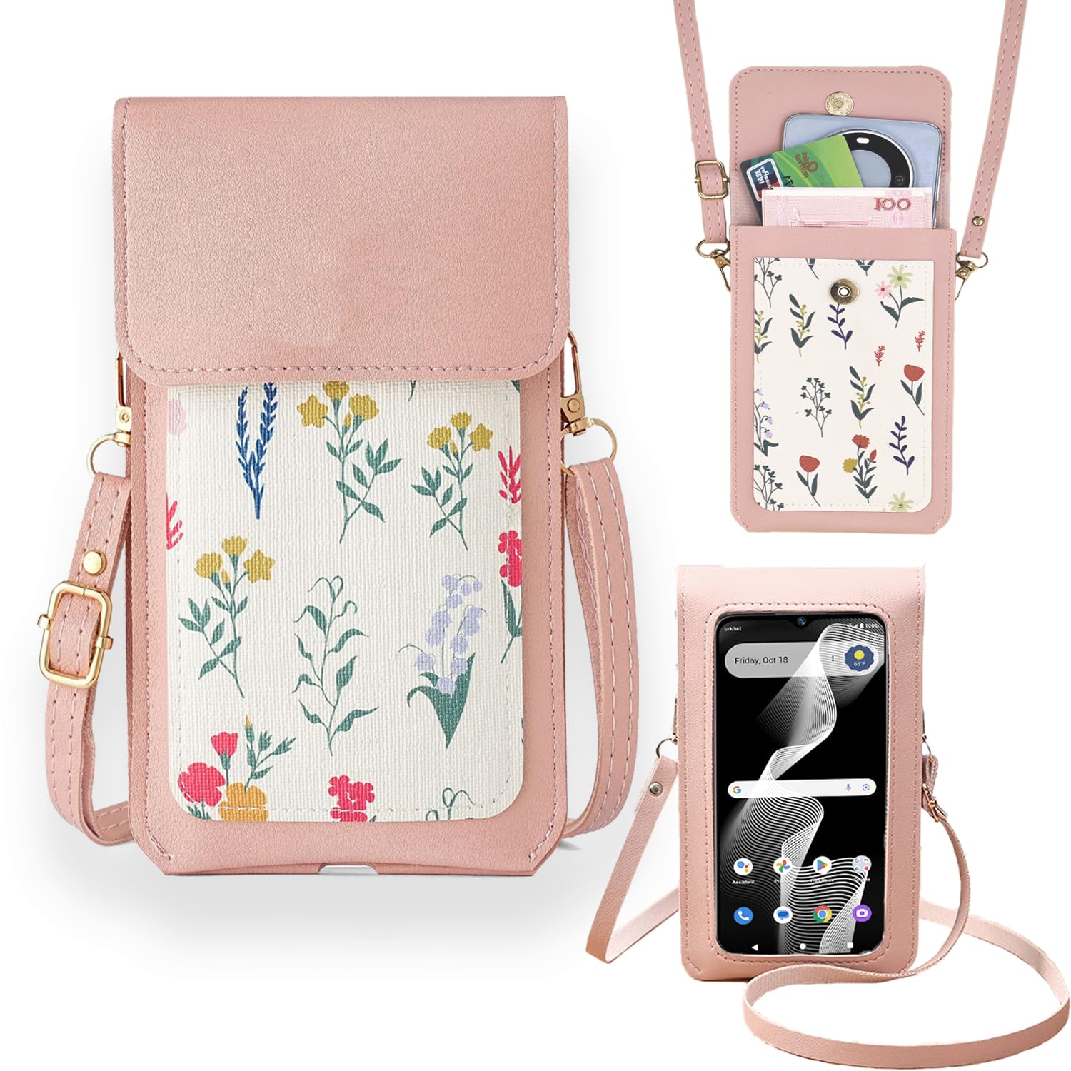 Tuxiwei Touch Screen Phone Bag Crossbody Cell Phone Case for Vortex j24 Vortex J24 Case Cash Slots Handbag Purse Girly Women PU Leather Wallet Purse Crossbody Lanyard with Shoulder Strap (Pink)
