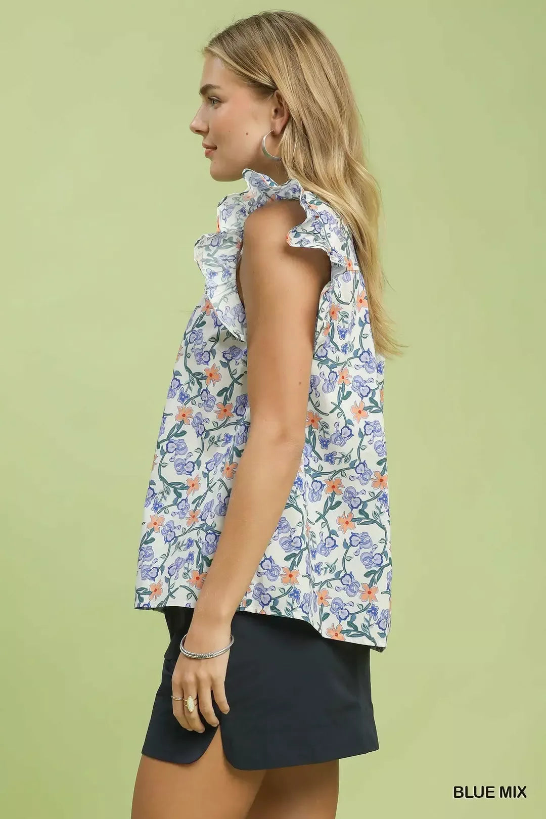 Umgee Floral Print Ruffle  Cap Sleeve Shirt
