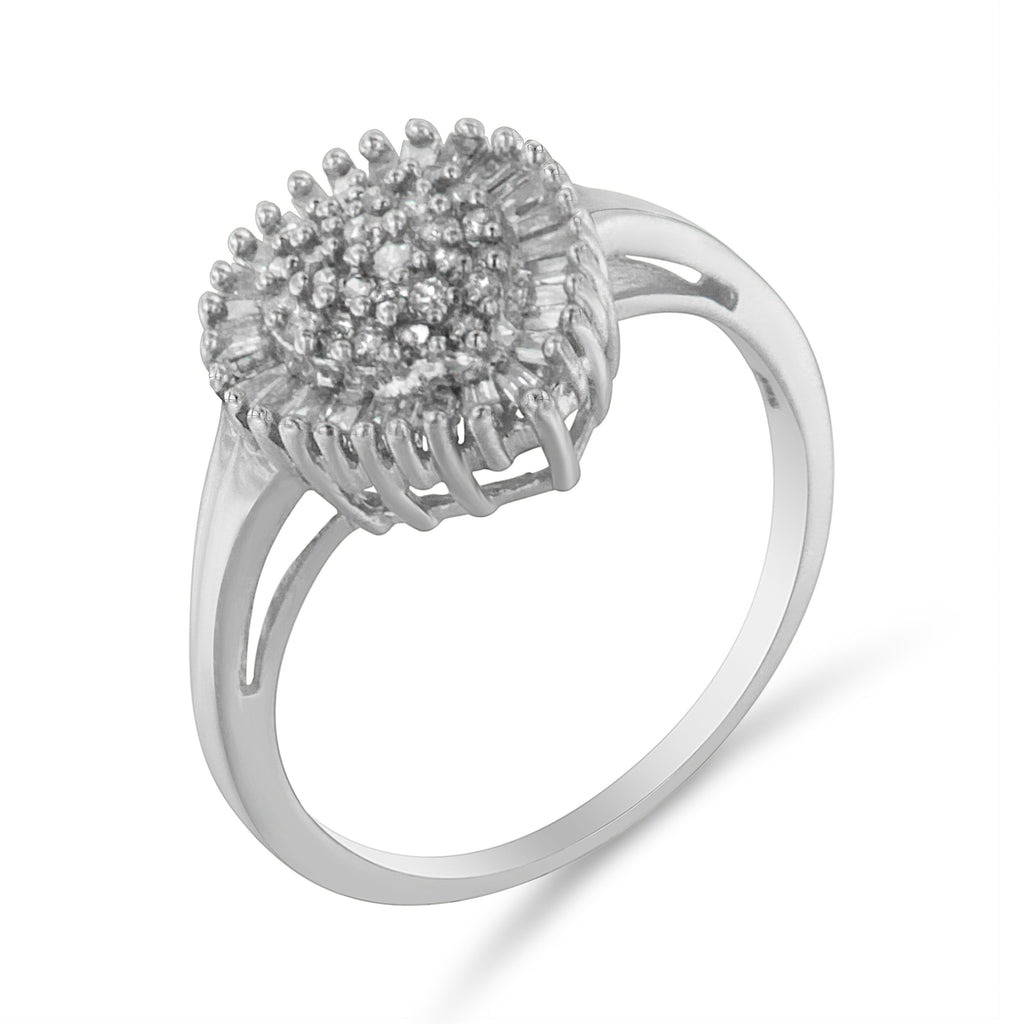 10K White Gold 1/2 Cttw Round & Baguette Cut Diamond Pear Shaped Domed PavÃ© Cluster with Halo Cocktail Ring (H-I Color, SI1-SI2 Clarity) - Size 5