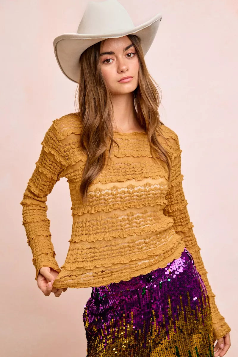 BiBi Ruffles Detail Mardi Gras Color Flower Lace Top