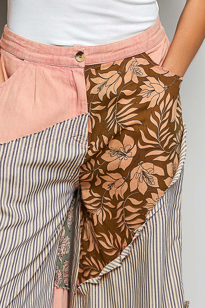 POL Striped Floral Patchwork Wide leg Pants with Side Big Star Patch