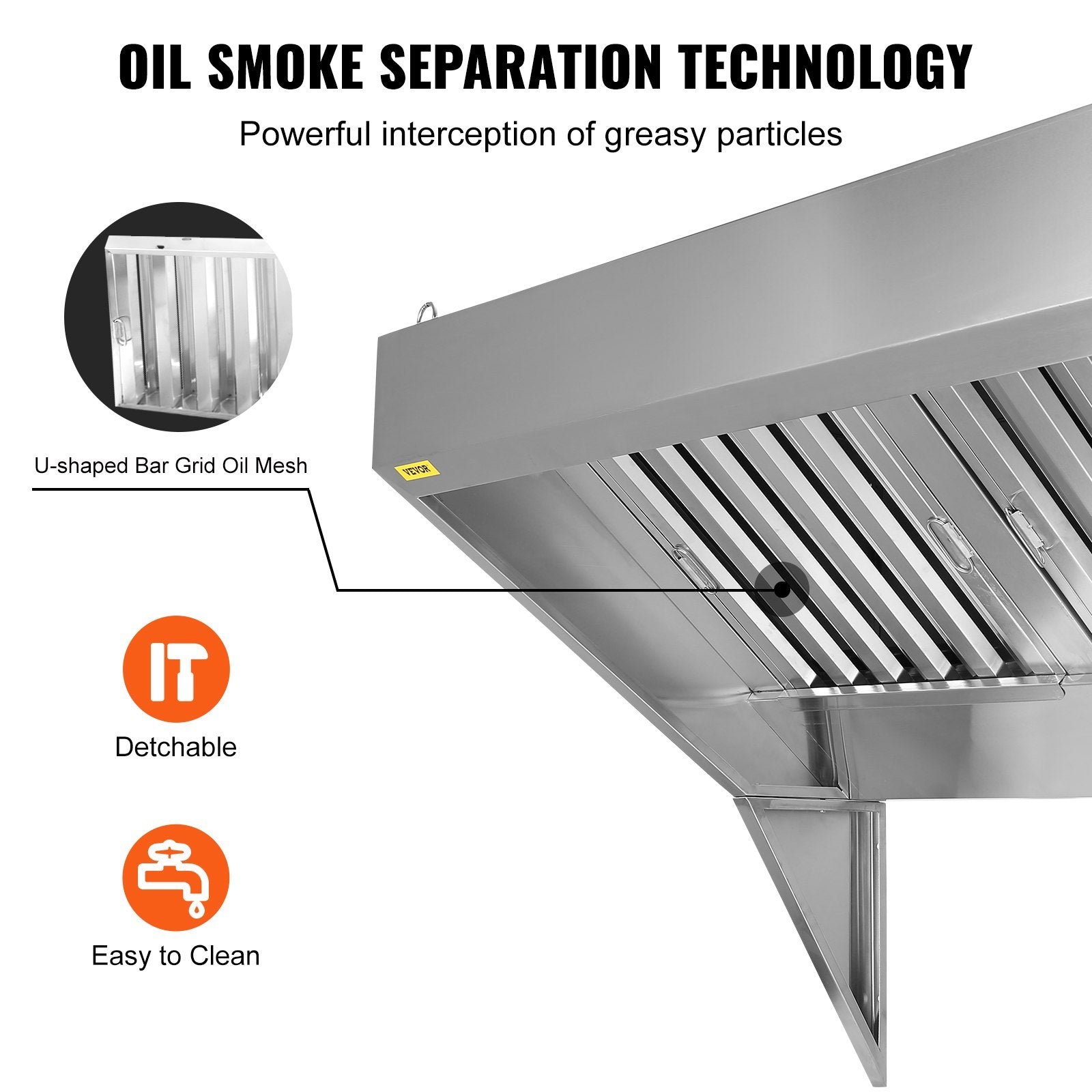 Commercial Exhaust Hood, 5FT Food Truck Hood Exhaust, 201 Stainless Steel Concession Trailer Hood with 2 Detachable U-shaped Grid Oil Filter Mesh, Rust Resistant Vent Hood for Kitchen Restaurant
