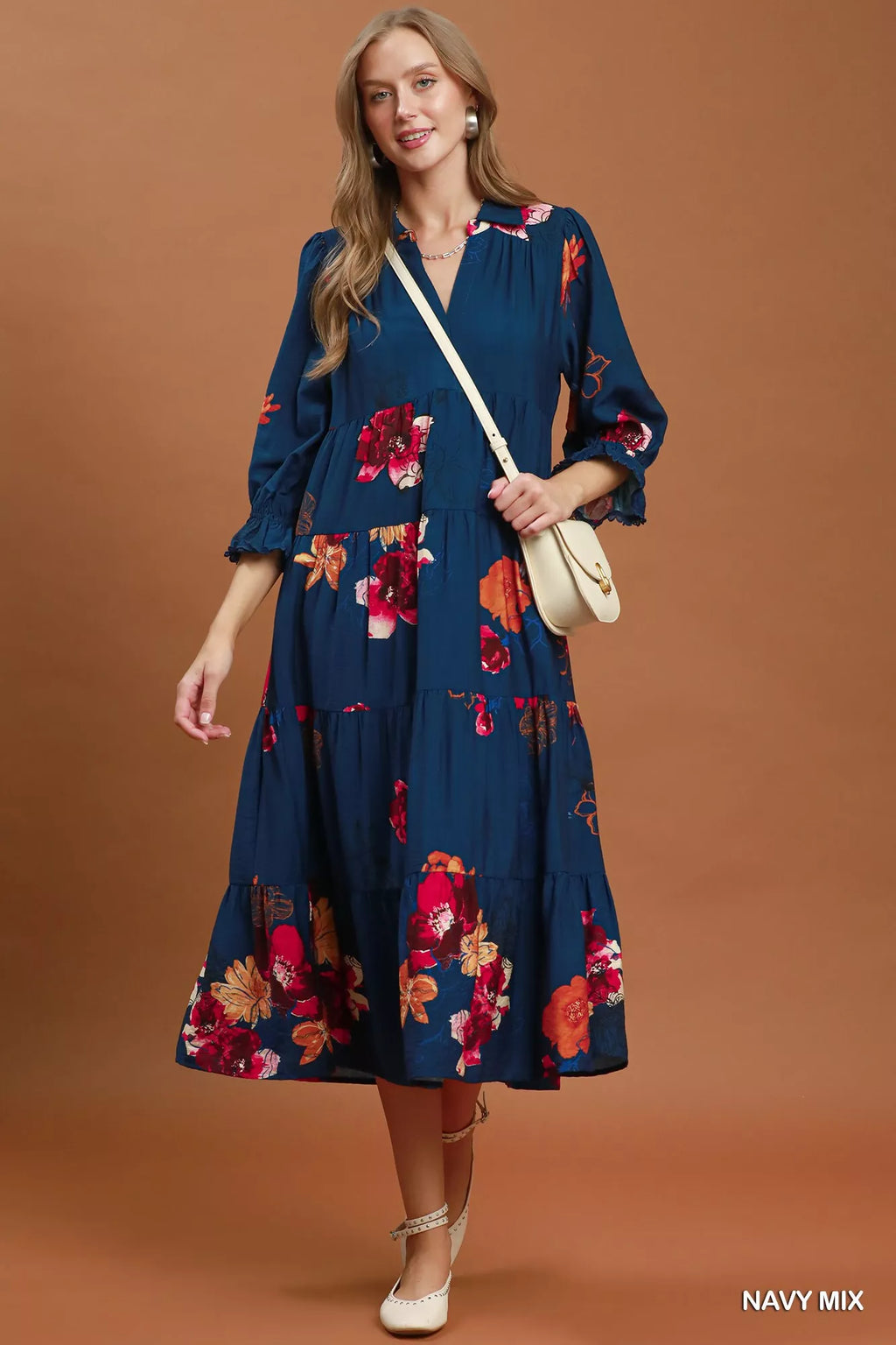 Umgee Floral Print Tiered Midi Dress with Puff Sleeves