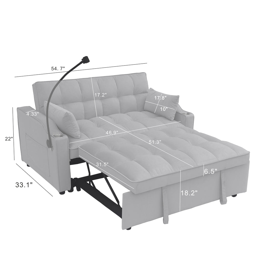 Modern Velvet Loveseat Futon Sofa Couch with Pullout Bed, Adjustable Backrest, Toss Pillows, Light Gray
