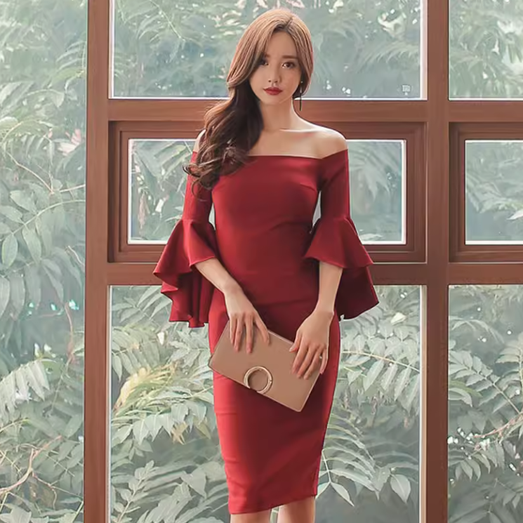 2020 New Sexy Off-Shoulder Dress with Flare Sleeves