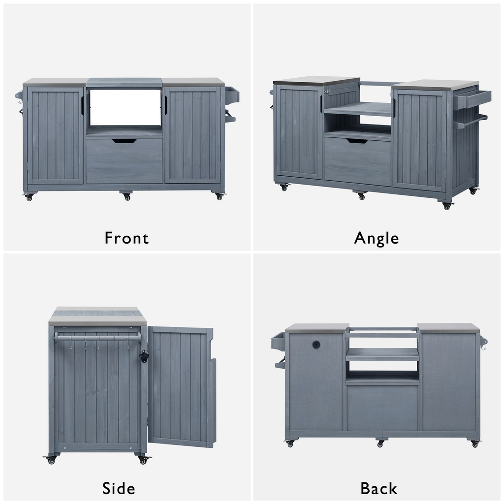 K&K 66.5' Outdoor Kitchen Island for Big Green Egg Grills, Solid Wood Outdoor Grill Cart for Tabletop Grill with Stainless Steel Top, Drawer, Compatible with Large Big Green Egg, Kamado Joe- Grey Blue