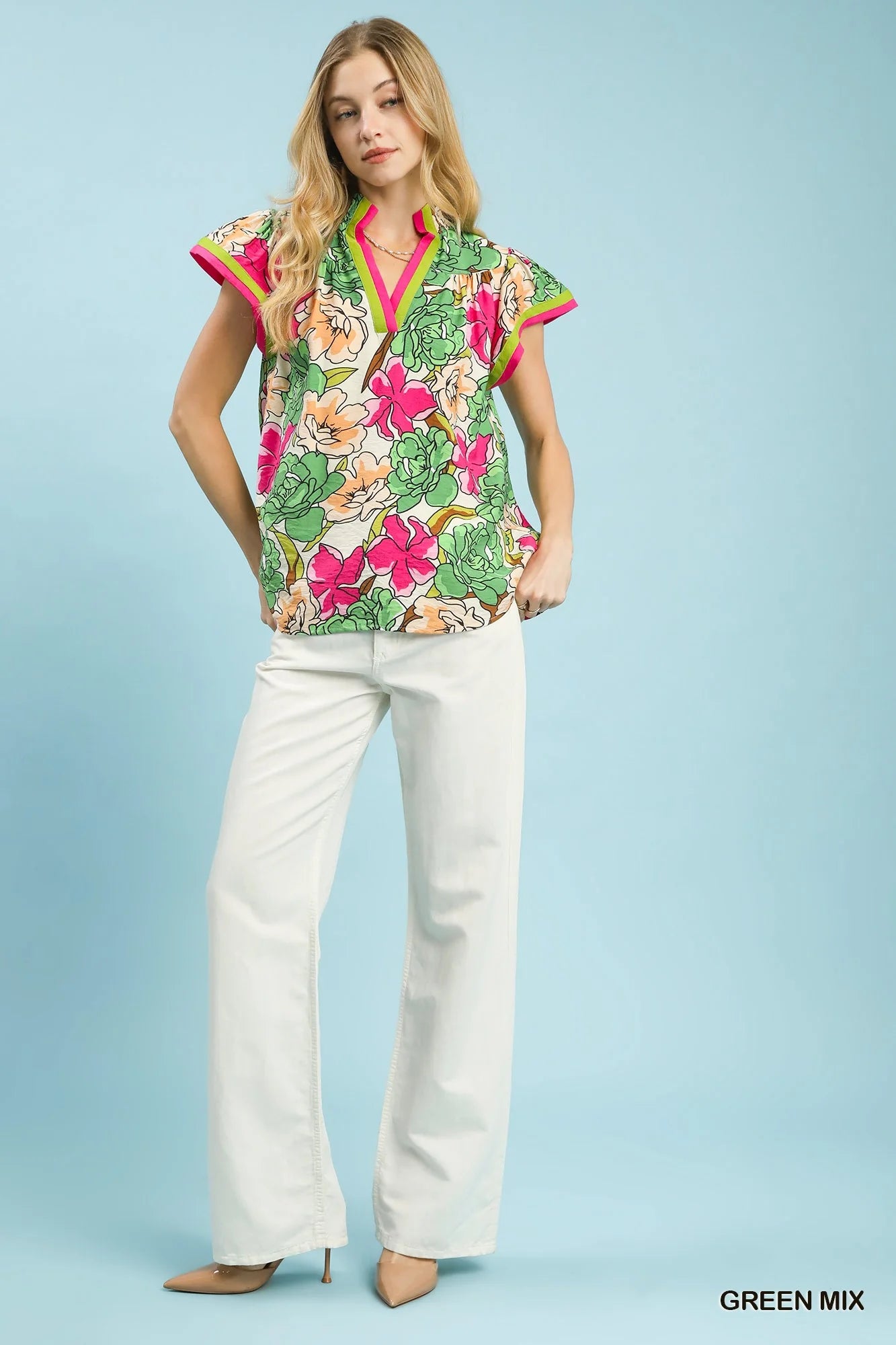 Umgee Floral Print Blouse with Contrast Trim