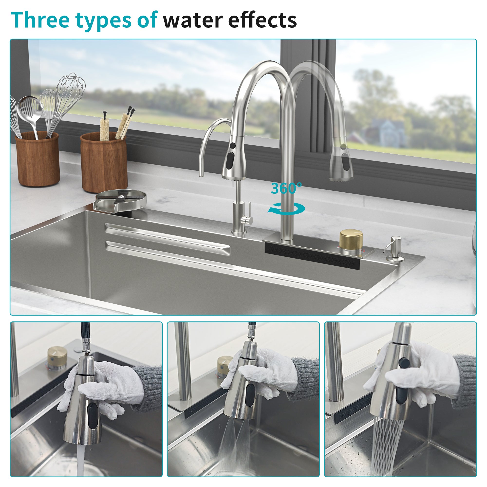33*22 inch Brushed Nickel 33' Waterfall Kitchen Sink with Pull-Out Faucet & Cup Washer, Stainless Steel Ledge Workstation