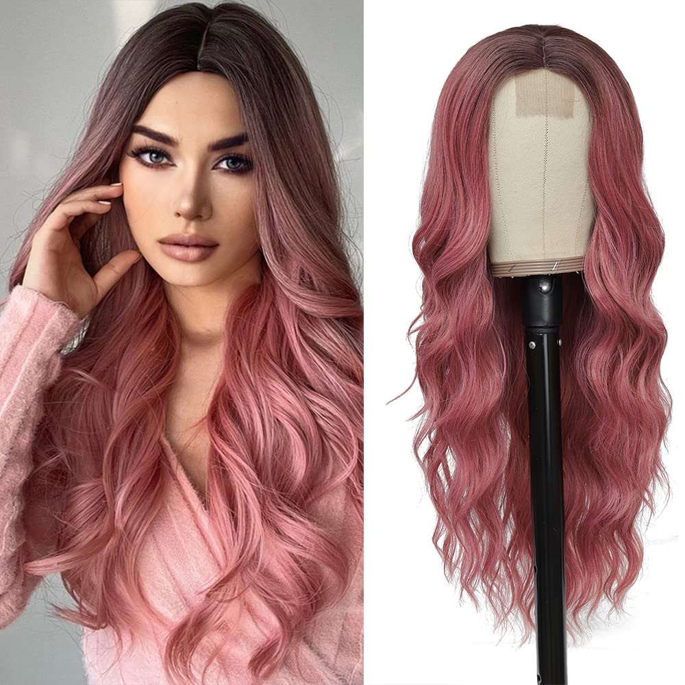 HMHIFI Long Wavy Pink Wig for Women 26 inch Curly Middle Part Ombre Hair Wig Natural Looking Upgraded Synthetic Protein Fiber Natural Looking Wig Cosplay Costume Wig(26 Ombre Pink)
