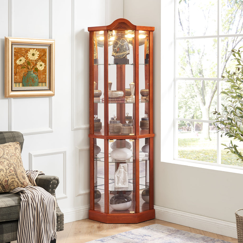 Glass Cabinet Lighted Corner Cabinet Corner Display Curio Cabinet, Glass Display With Light(Included)Bar Cabinet,Wine Cabinet with Adjustable Glass Shelves Carved Decoration OAK Light(Included)