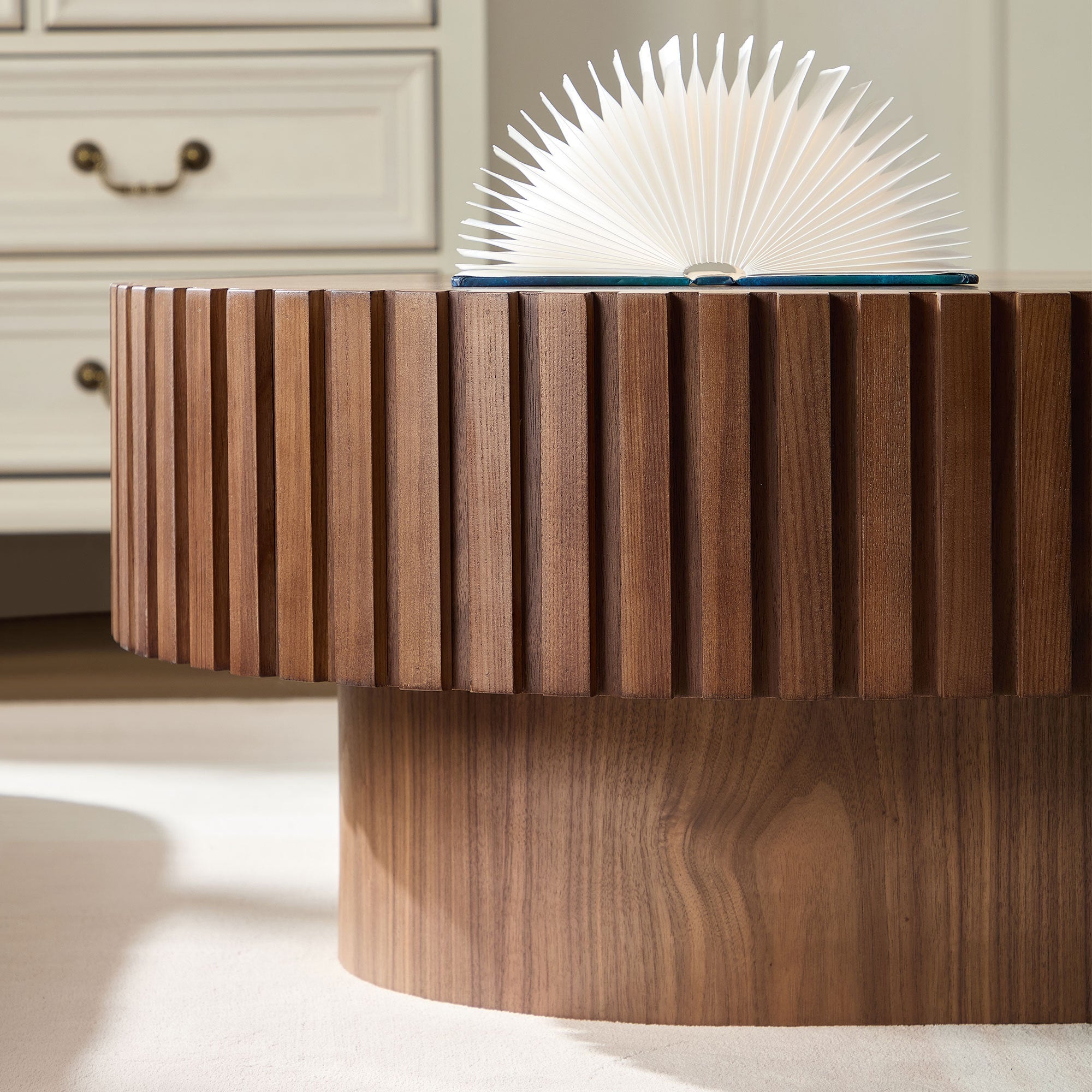 43.70 Inch Modern Handcraft Drum Coffee Table Oval Coffee Table for Living Room,Small Wooden Coffee Table with Sturdy Pedestal for Office,Walnut