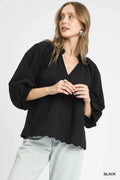 Umgee Full Size Textured Notched Balloon Sleeve Blouse Plus Size