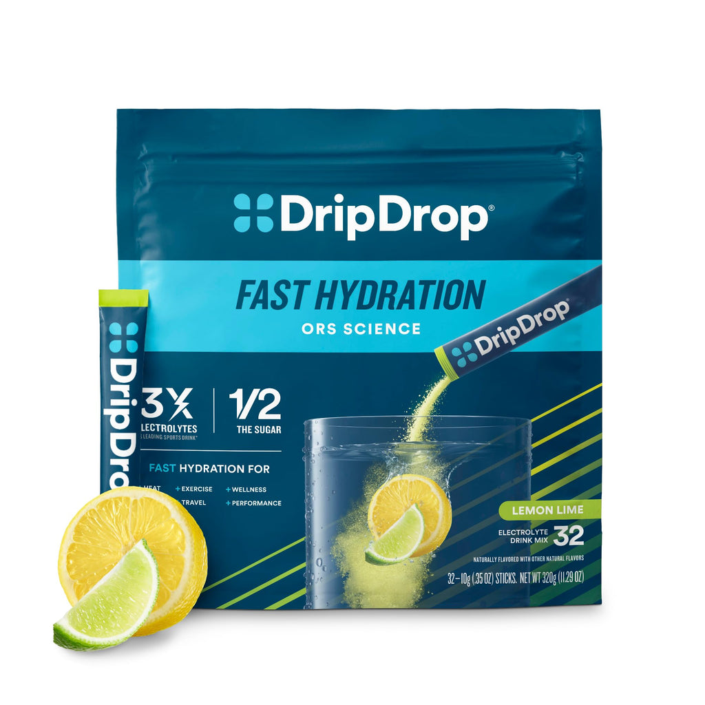 DripDrop Hydration - Lemon Lime - Electrolyte Drink Mix Single Serve Hydration Powder Packets | Non-GMO Gluten Free Vegan | 32 Sticks