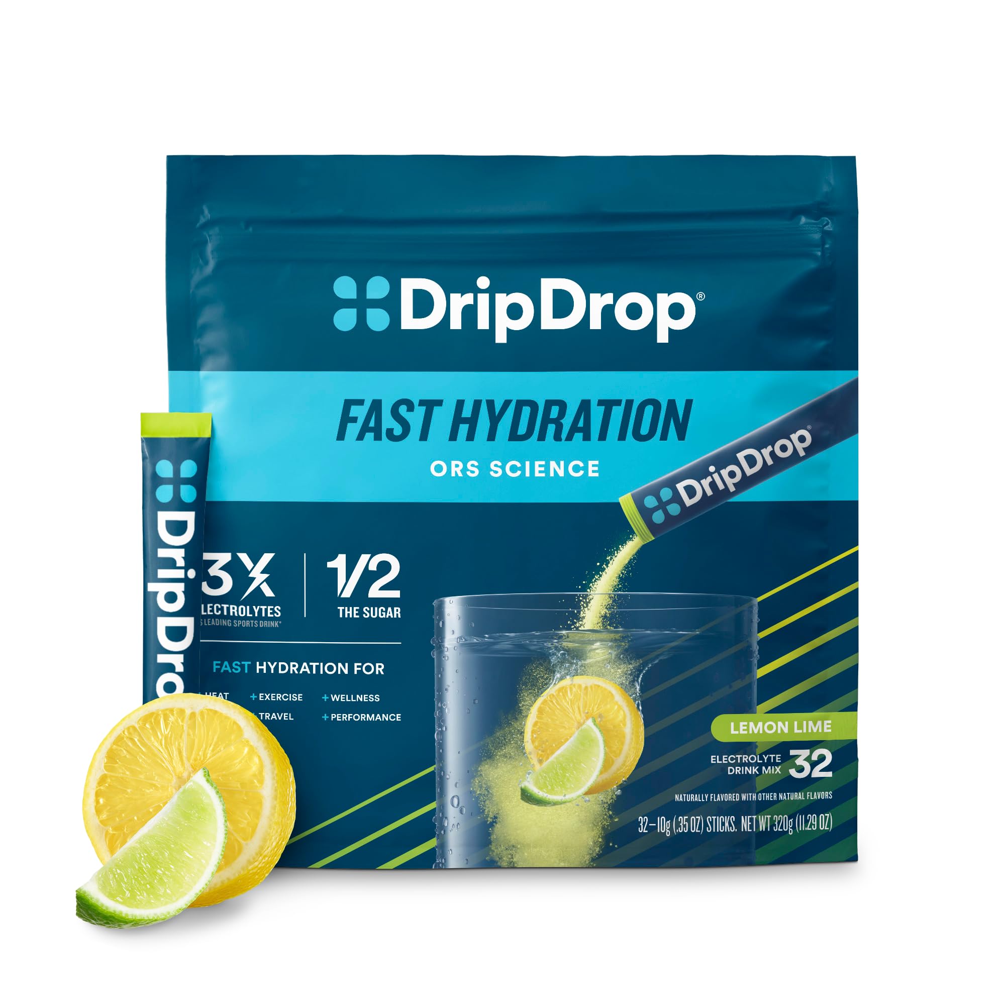 DripDrop Hydration - Lemon Lime - Electrolyte Drink Mix Single Serve Hydration Powder Packets | Non-GMO Gluten Free Vegan | 32 Sticks
