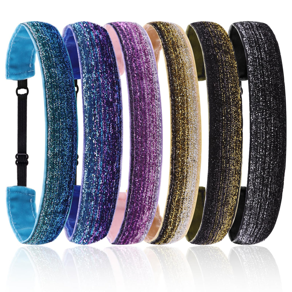 6 Glitter Headbands for Girls Adjustable Non Slip Thin Elastic Hair Bands Stretch Sport Headband for Kids Sparkly Bling Headband Hair Accessories (Pack of 6)