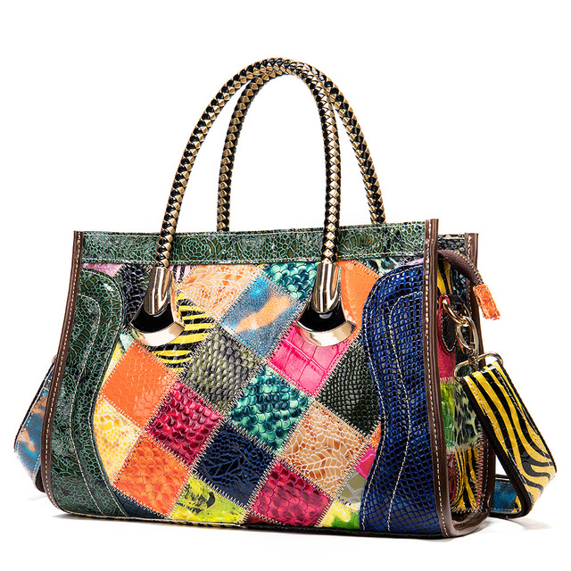 New Women's Color-Block Top Leather Handbag (Large Capacity)
